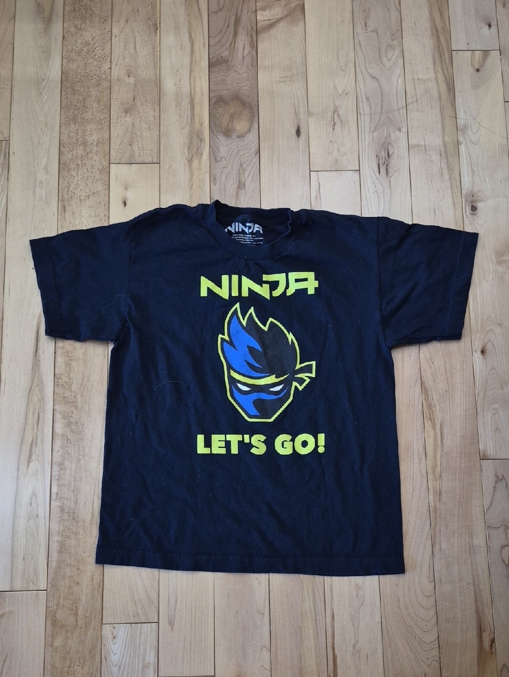 Boys Size 12/14 Ninja Black Tee with Neon Yellow and Blue Graphic